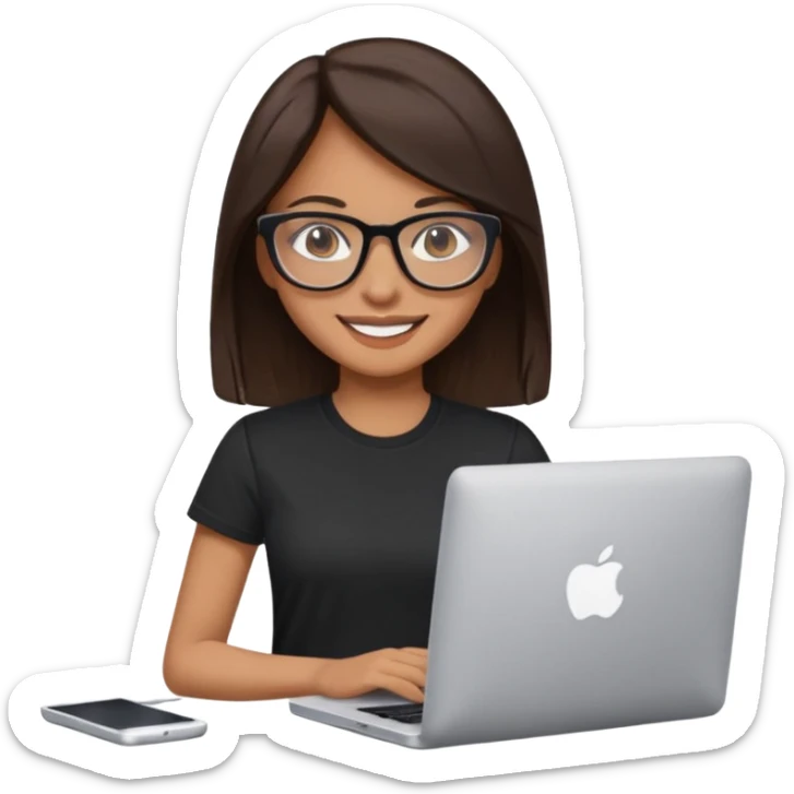 woman with tan skin, long straight dark-brown hair and glasses, smiling and holding mac computer, wearing black t shirt sticker