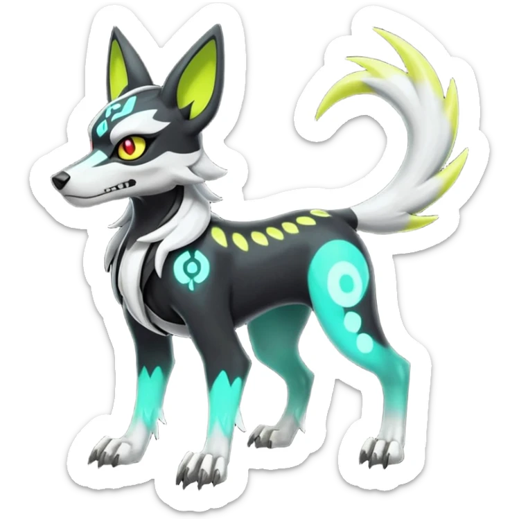 Cool handsome demonic skeletal black and neon green and neon yellow futuristic shiny colorful bioluminescent cyber-Poochyena-Lycanroc-Zorua-Litten-Houndoom-Fakémon-Pokémon-Digimon-hybrid-fusion (full body) with a skull face sticker