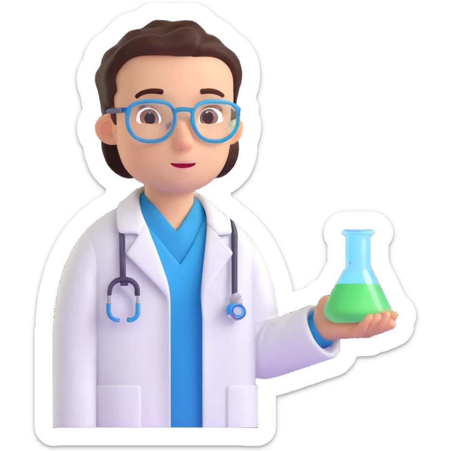 Close-up of a medical or clinical researcher in 3D emoji style, wearing a lab coat and a thoughtful expression, with lab equipment in the background, matching the style of the reference image. sticker