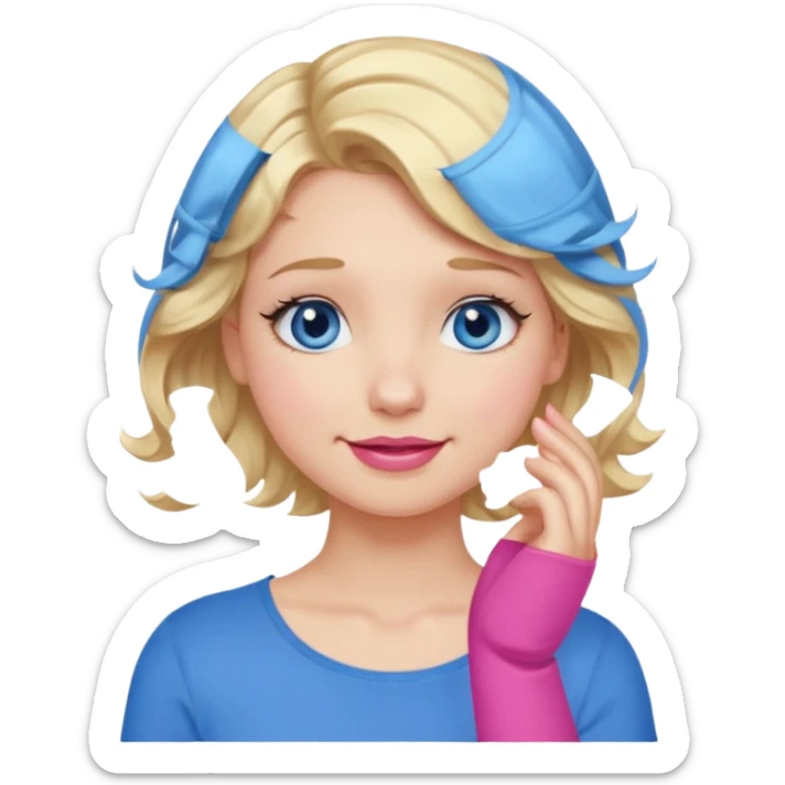 Girl Blonde short wavy hair,  blue eyes, cute blue top, long lashes, pink lips, smiling, 🤦🏻‍♀️ sticker