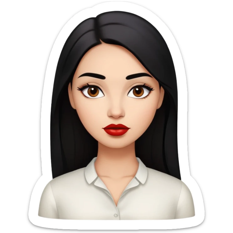 Young fuller-figured woman with oval face, high cheekbones, brown skin, dark brown eyes, thick eyebrows, red lipstick, long straight black hair, slightly plump, wearing a white blouse sticker