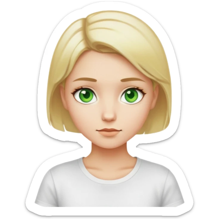 A girl with short blonde hair and green eyes in a white T-shirt sticker
