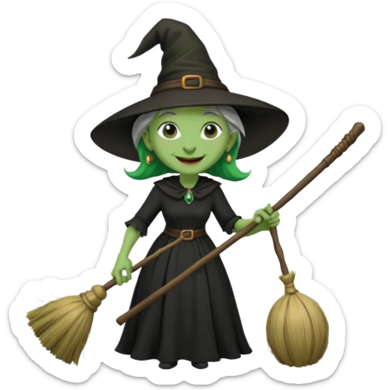 Traditional old witch, green skin, big nose, black dress, riding a broom emoji sticker