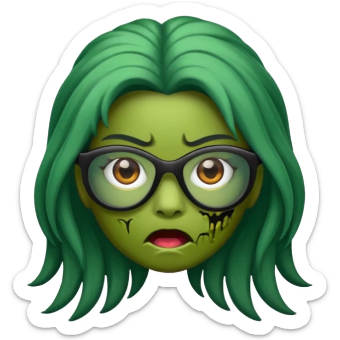 crie um emoji de zumbi feminino, com pele verde, óculos preto e cabelo longo preto sticker