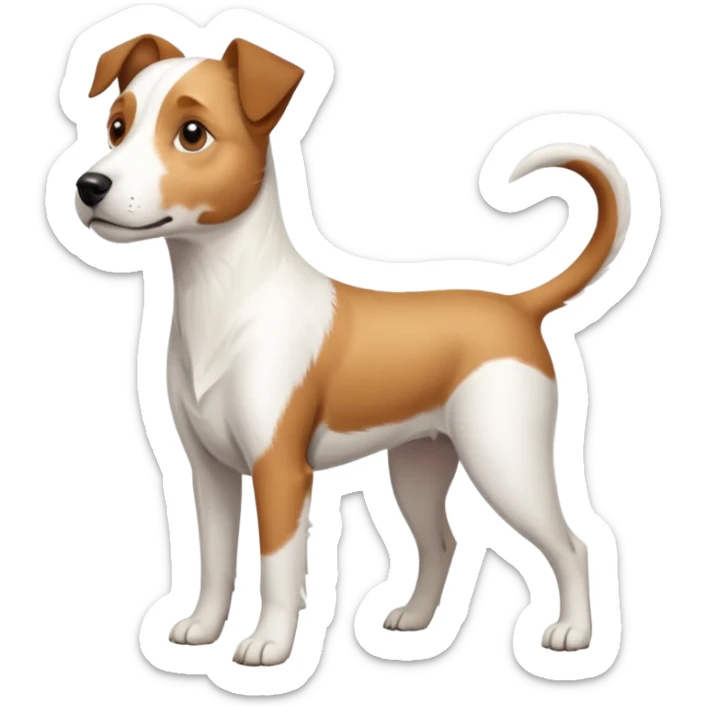 a full body large white parson russell terrier looking dog the size of a kelpie with light brown long ears and a light brown patch on one eye and a large snout sticker