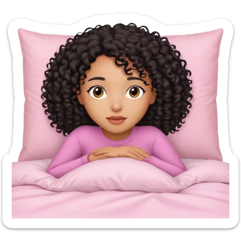 Mixed-race woman with caramel skin and black curly hair, lying on a white bed with pastel pink pillows, peaceful expression sticker