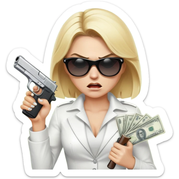 Mafia blondes angry woman in sunglasses, gun ,money , white costume  sticker