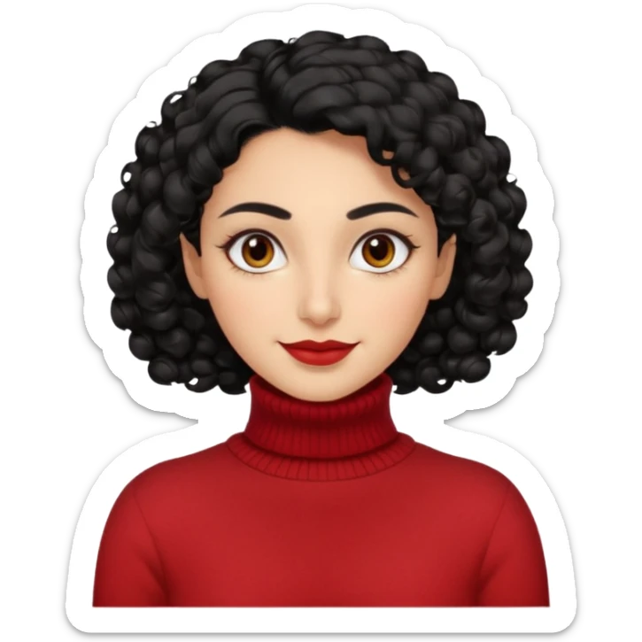 30 yr iranian woman black hair curly wavy short hair, red turtle neck sweater, very thick eyebrows, light skin, dark brown eyes, small smile sticker