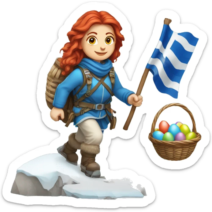 Greek Female winter mountaineer red hair white skin climbing with Greek Flag and Easter eggs basket sticker