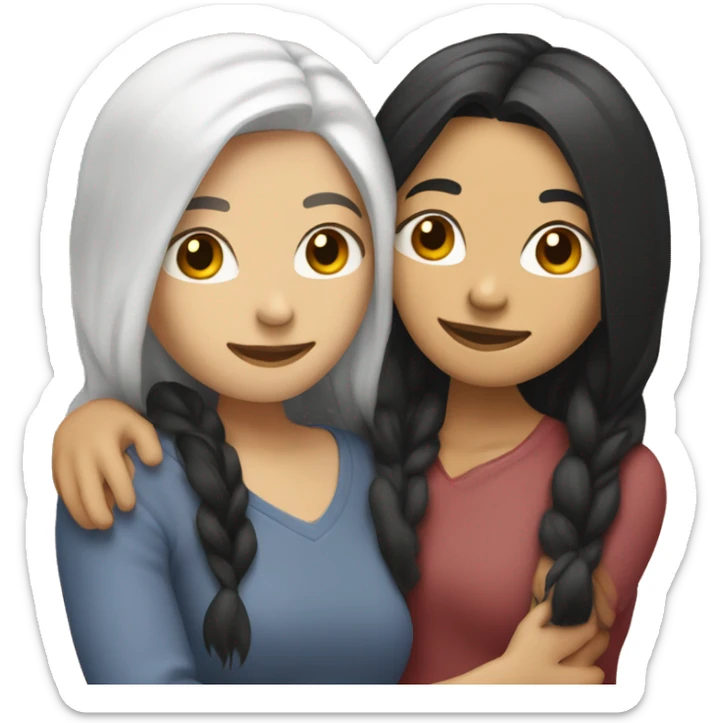 A lesbian couple who both have white skin and long black hair are hugging intimately. sticker