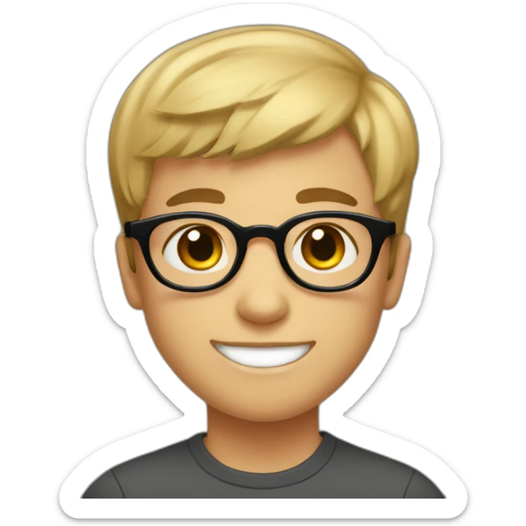 A smiling boy with short hair and light skin wearing small black-rimmed round glasses sticker