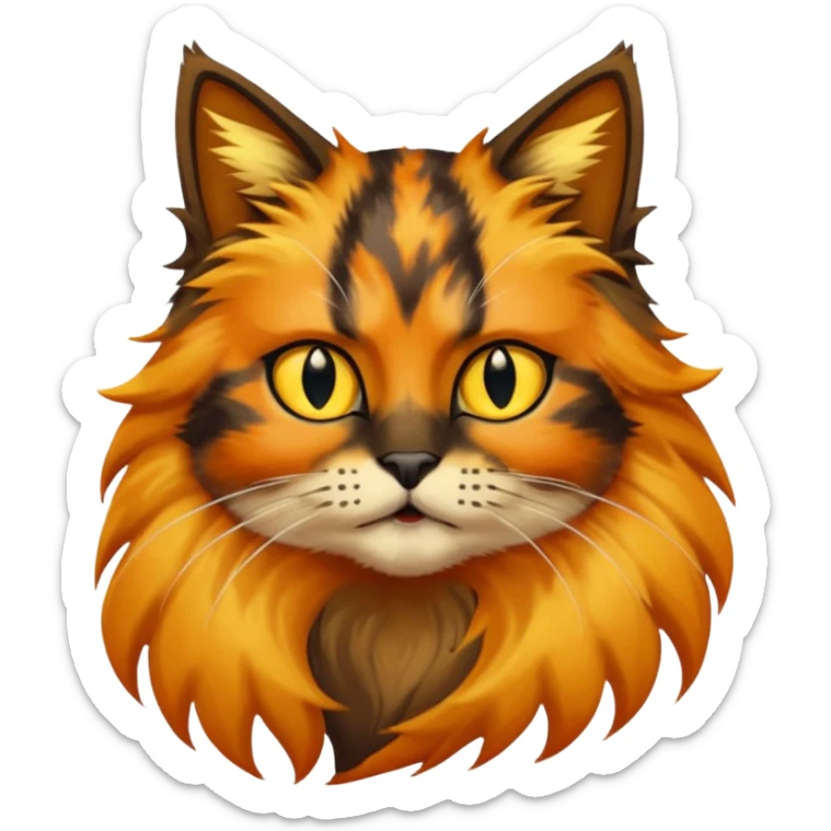 long hair tortoiseshell cat with a black face and yellow lightning mark above nose sticker