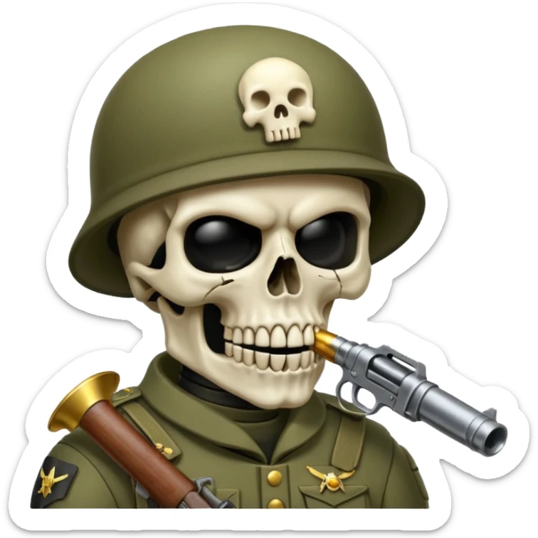 Una calavera 💀 soldado 🪖 mordiendo una bala en su boca con fondo verde  sticker