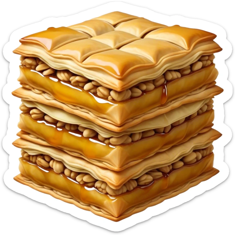 Cinematic Realistic Baklava Dessert Emoji, depicted as layers of flaky pastry with honey and nuts rendered with rich textures and warm, inviting lighting. sticker