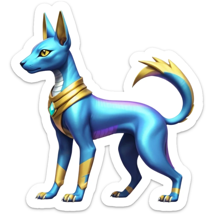 Modern futuristic shiny colorful Anubis-Sphynx-Lombax-Zeraora-Renamon-fusion (full body) sticker
