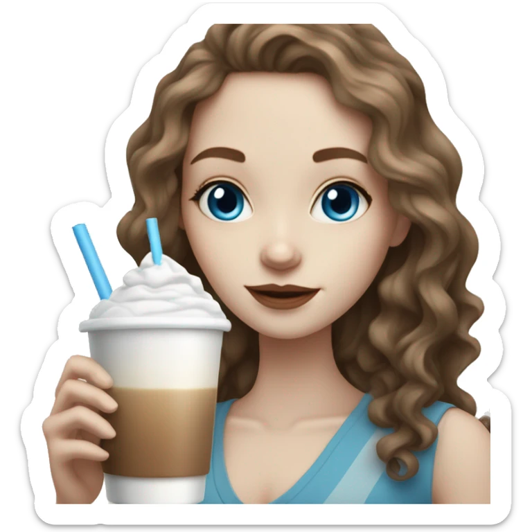 Pale skin girl with brown wavy hair and blue eyes drinking ice latte  sticker