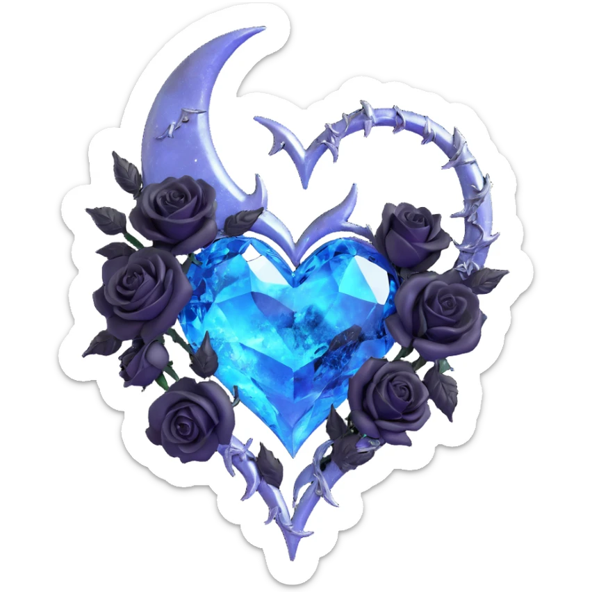 gothic heart made of crystal clear glass, silver crescent moon, black roses, holographic stardust, neon blue lightning, drenched and splintered glass sticker