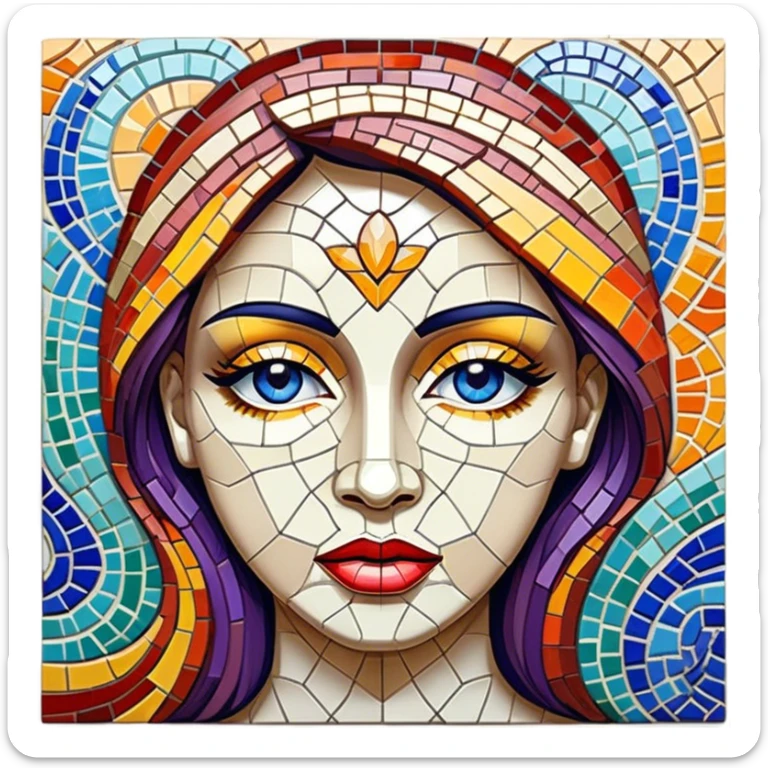 Mosaic art icon, colorful tiles forming a detailed picture, like a landscape or portrait, intricate patterns, some tiles in process of placement, minimalistic style, clean lines, transparent background. sticker