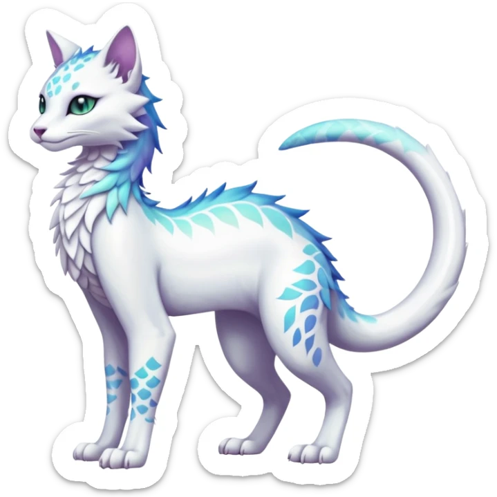 Kawaii white iridescent beautiful pretty elegant divine edgy fantasy feline-vernid-fionbri-sergal-fursona animal creature with a tufted tail full body with intricate markings  sticker