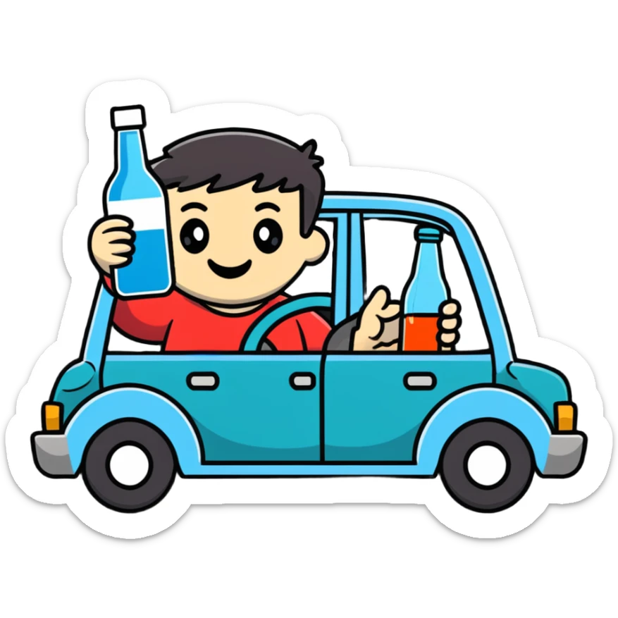 person in a car holding a bottle, showing the act of drinking and driving sticker