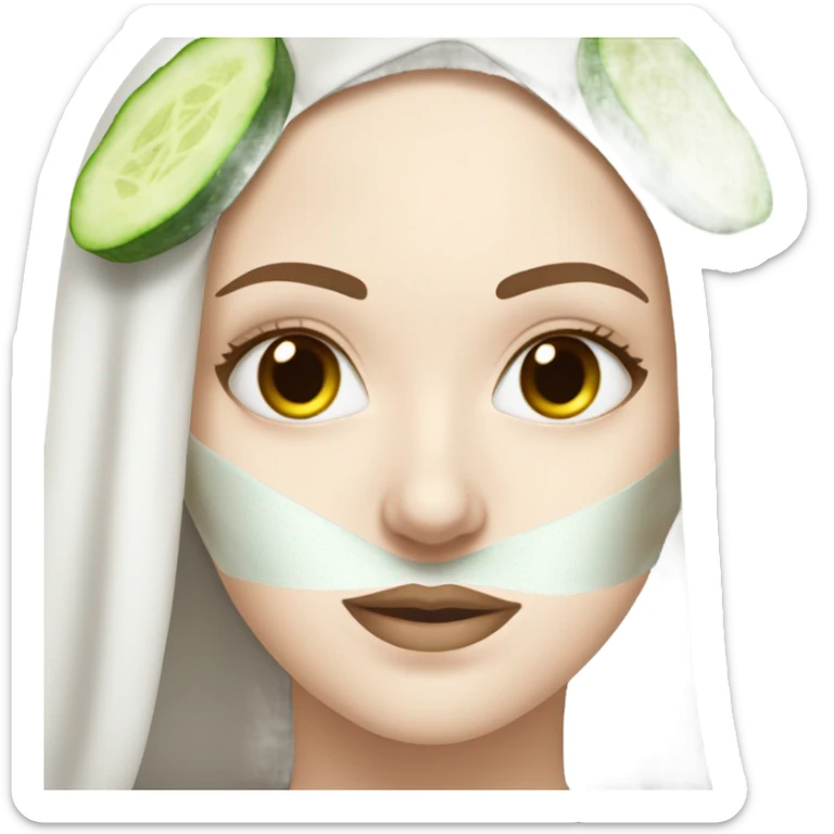 White girl with Brown hair and blue eyes wears a Green clay colored skincare textured mask and puts on cucumbers around her eyes while She relaxes in her white Robe sticker