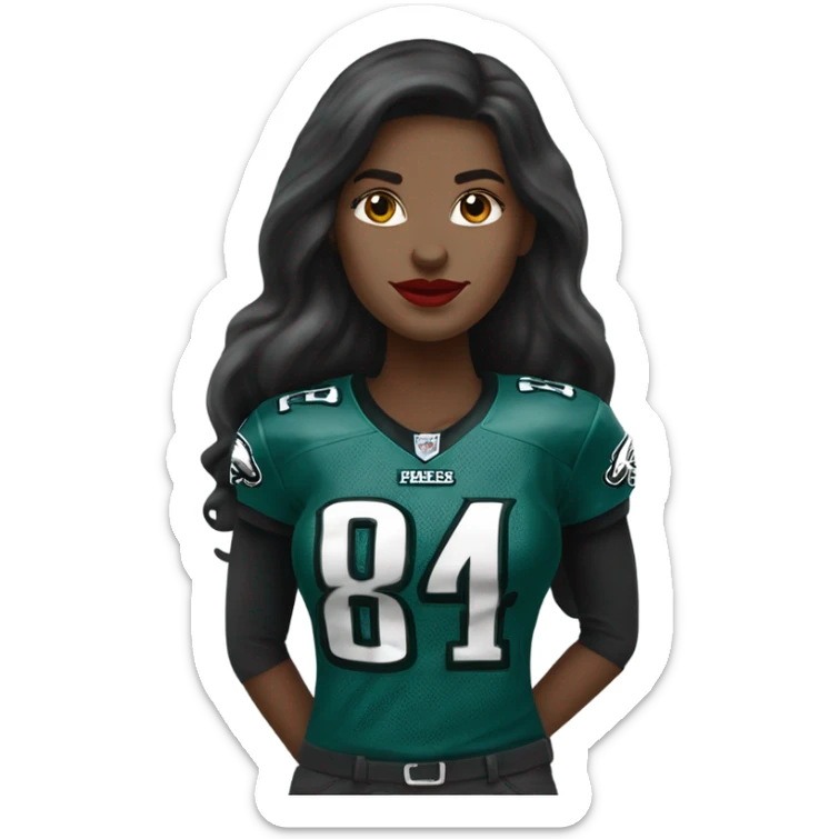 White female long dark hair red lips wearing Philadelphia Eagles jersey sticker