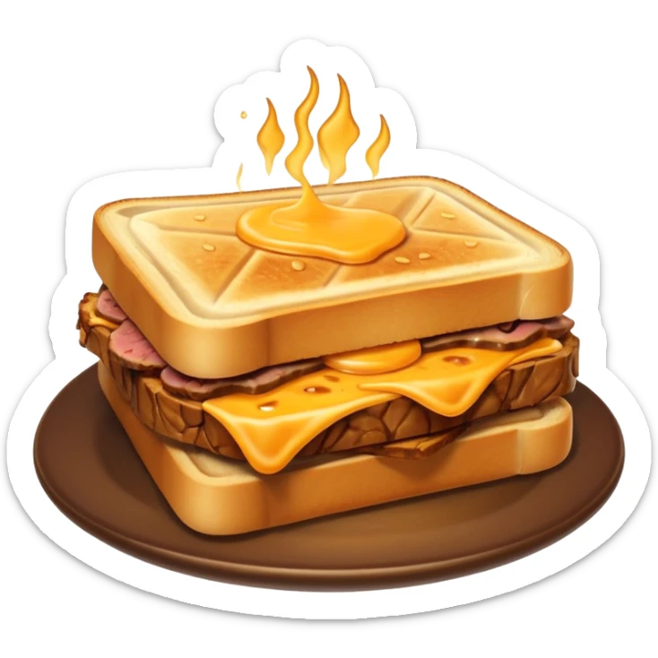 kavurma meat toasted sandwich object icon, grilled toasted bread, sautéed Turkish kavurma beef filling, melted cheese, juicy meat texture, golden brown crust, warm steam rising, 3D cartoon, mobile game icon style, centered, clean background, no text, no watermark sticker