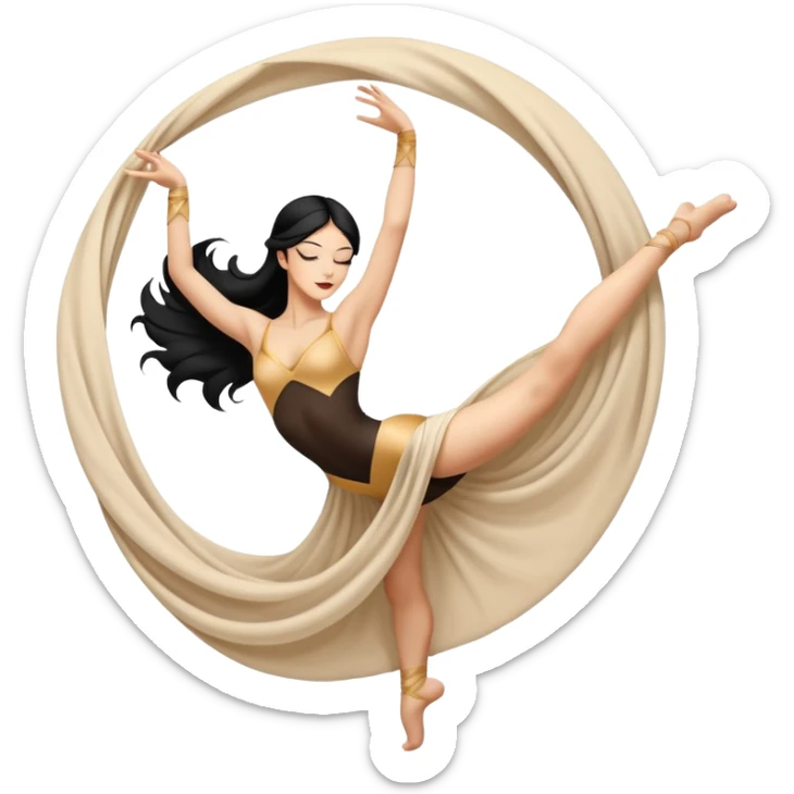 Emoji de una mujer pelinegra blanca bailarina de danza aerea haciendo figuras en el aire en una tela  sticker