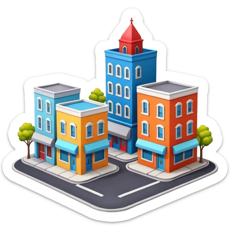 mini diorama of a classic city street corner with small buildings and road sticker