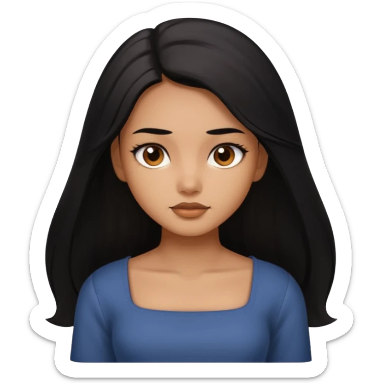 A deep skin girl (deep skin is caramel color not dark) with long black hair swept to the front and a square neckline shirt and brown eyes sticker