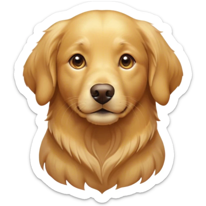 Cinematic Cute Golden Retriever Portrait Emoji, Head tilted playfully and inquisitively, showcasing a rich, glossy golden coat with a healthy sheen, round, sparkling brown eyes filled with curiosity, Simplified yet irresistibly adorable features, highly detailed, glowing with a warm, friendly glow, high shine, affectionate and lively, stylized with a touch of whimsy, bright and endearing, soft glowing outline, capturing the essence of a mischievous yet loving companion, so playful it feels like it could leap out of the screen and into your arms! sticker