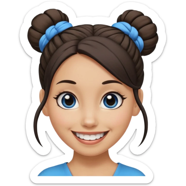 Now tied up her hair in a half-bun ,the on her head is black, while her bang is blue. Bigger eyes and brighter smile, show teeth while smiling sticker