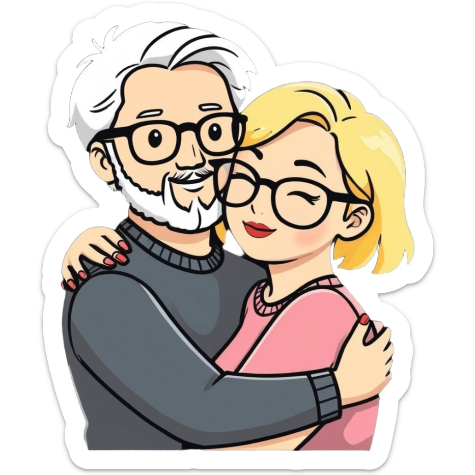 Hyper realistic couple in love, man had greying salt and pepper hair and a shprt beard. The lady is blonde and curvy and wears glasses and makeup sticker