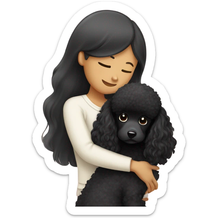 Black poodle getting hugged by long hair Asian girl sticker