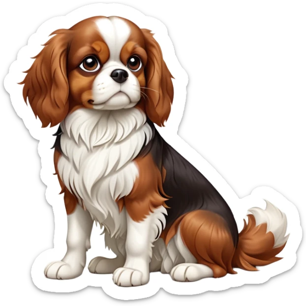 cinematic-[cavalier king charles dog]-realistic-full-body-sitting-emoji,-tail-resting-loosely-beside-its-paws,-head-tilted-dramatically,-scruffy-[brown and white]-fur,-simplified-yet-realistic-focused-features,-highly-detailed,-glowing-with-an-almost-sarcastic-glow sticker