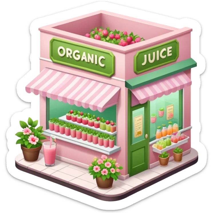 Organic juice shop, light pink and green and decorated with lots of florals, isometric sticker