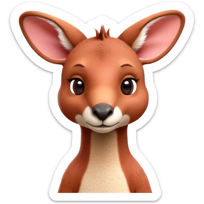Cinematic Cute Adult Red Kangaroo Portrait Emoji, Head tilted playfully and inquisitively, showcasing a charming, robust build with soft reddish fur and a uniquely red kangaroo-like head featuring a gentle, elongated snout and rounded ears, with large, sparkling eyes full of wonder, Simplified yet irresistibly adorable features, highly detailed, glowing with a warm, friendly glow, high shine, affectionate and lively, stylized with a touch of outback whimsy, soft glowing outline, capturing the essence of a mischievous yet loving kangaroo that seems as if it could hop out of the screen into your arms! sticker
