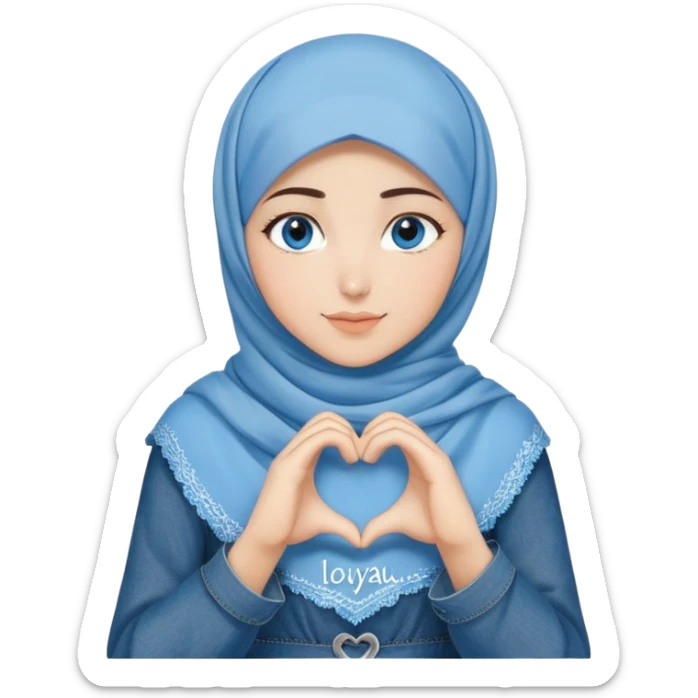 Turkish beautiful finish Konya girl blue eyes with denim hijab islamic dress and making heart with hands and with thank you text sticker