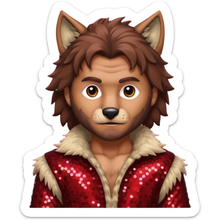 The Wolf Man with tan skin brown hair and fur, dark red sequin outfit sticker