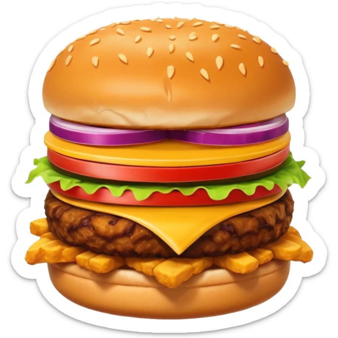 A clean and simple icon of fast food in emoji-style illustration. A burger with fries, nuggets and shawarma, bright and bold colors, simple shapes, flat design, high contrast, inviting and appetizing. sticker