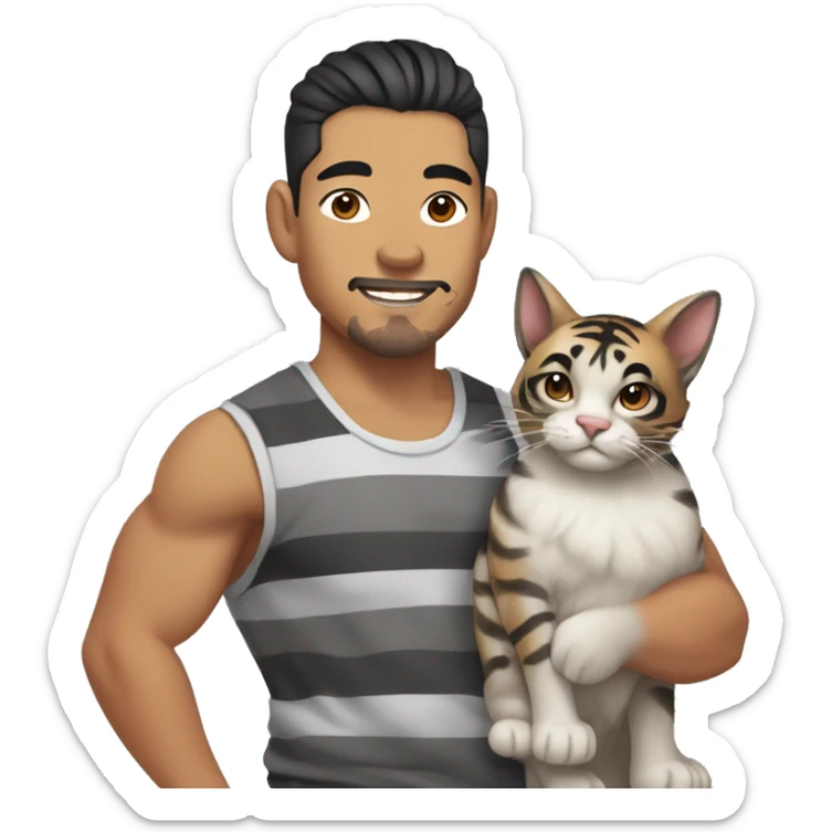 Asian Pilipino man with a few freckles and big muscular calves, a beard and man-bun hair style holding a kitty cat that is grey and black with tiger stripes  sticker