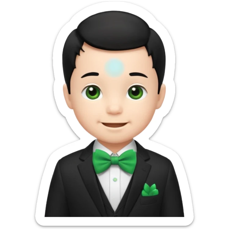 baby boy black hair in suit, with green bow, happy sticker