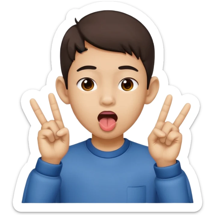a boy with asian eyes holding his ears out with 2 fingers and with his tongue out sticker