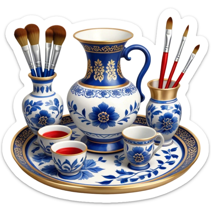 Metal painting icon, a metal vase, tray and metal cup with brushes, each decorated with different techniques: Gzhel-style blue floral patterns, Chinese red and gold designs, and intricate Golden embroidery-style details. Visible fine paintbrush, paint pots, and accessories like porcelain palette, minimalistic style, clean lines, transparent background. sticker