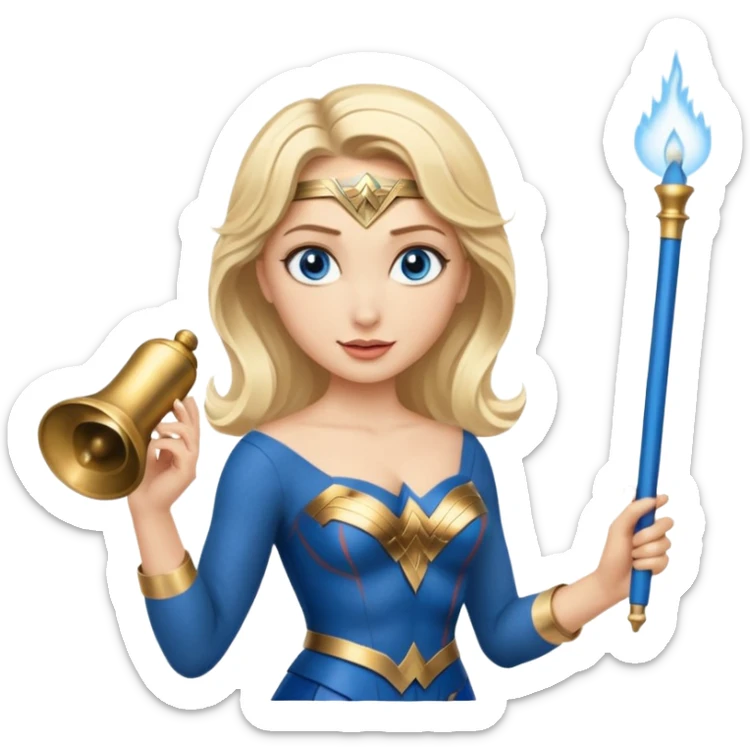Blonde blue eyes Wonder Woman holding bell and short white orchestra conductor’s baton  sticker