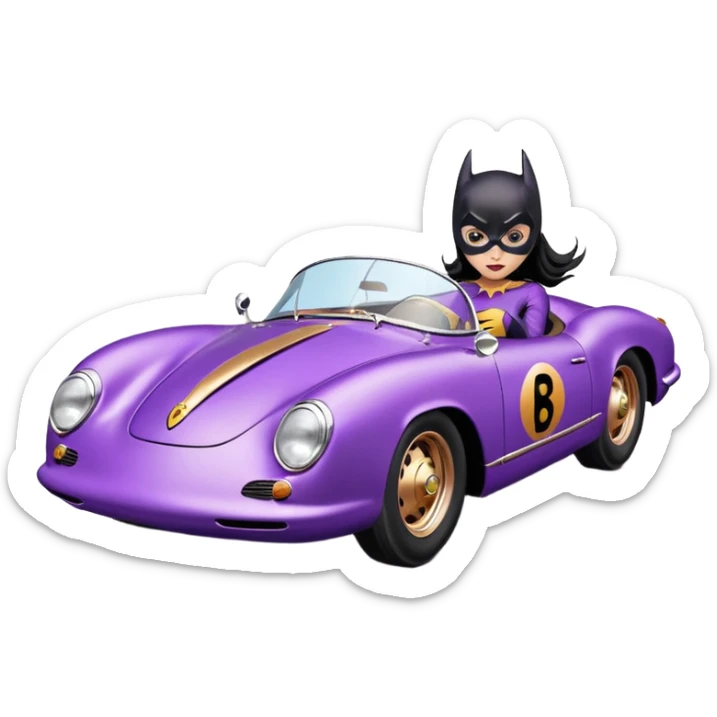 Adult tight purple suit wearing BatGirl driving her satin-black and rose-gold 1955 Porsche 550 Spyder too fast in the country, despite the rainy conditions making the tires slippery, sliding sideways with her black hair fluttering in the wind sticker