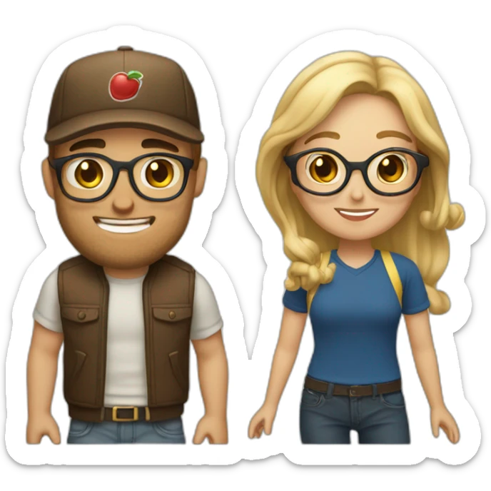 A Women with brown hair and glasses in Love with a blond Man with gold glasses and a baseballcap sticker
