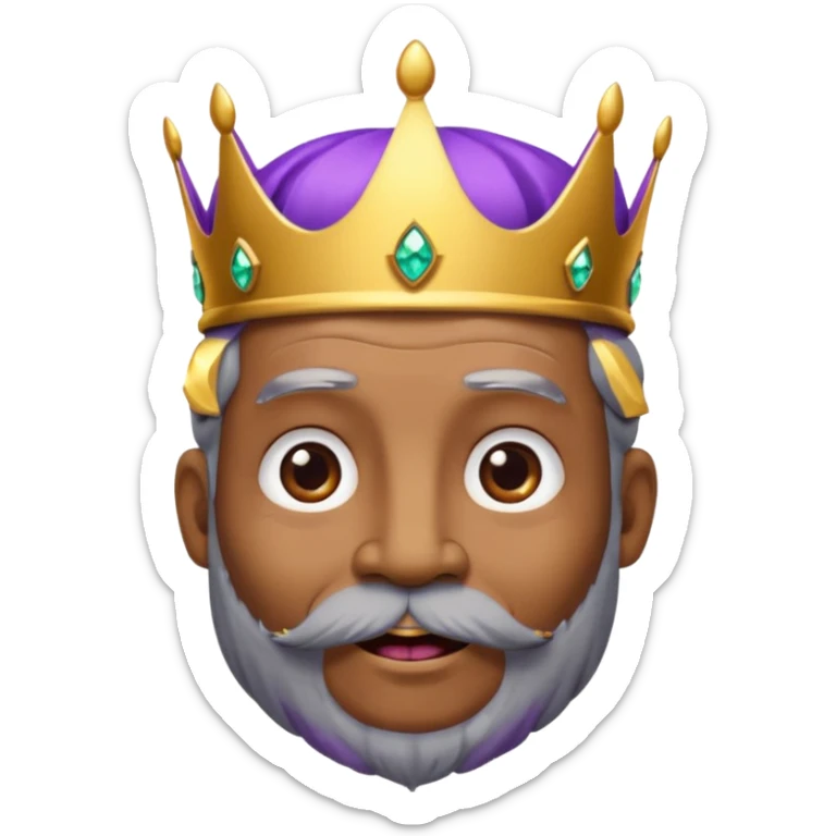 Create a cartoon-style emoji of Baltasar, one of the Three Wise Men. Only show his face and crown. He is older, with a black beard showing streaks of gray, joyful wrinkles, and a purple and gold jeweled crown. Express warmth and wisdom. Colorful and simple, suitable as an emoji. sticker