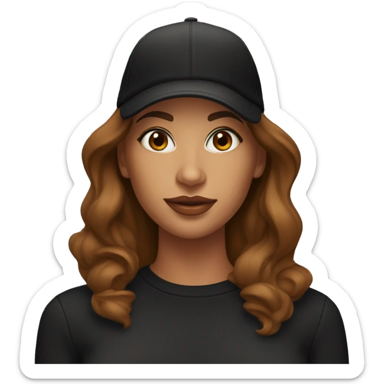 A beautiful tanned woman wearing a cap and a black sweatshirt with a cut-out on her chest, big lips, brown hair. sticker