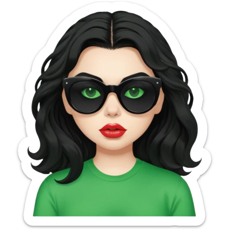 current charli xcx with her long black wavy hair, thick black out sunglasses, pale skin, closed pouting lips, and a bright green top that said brat in the brat font. sticker